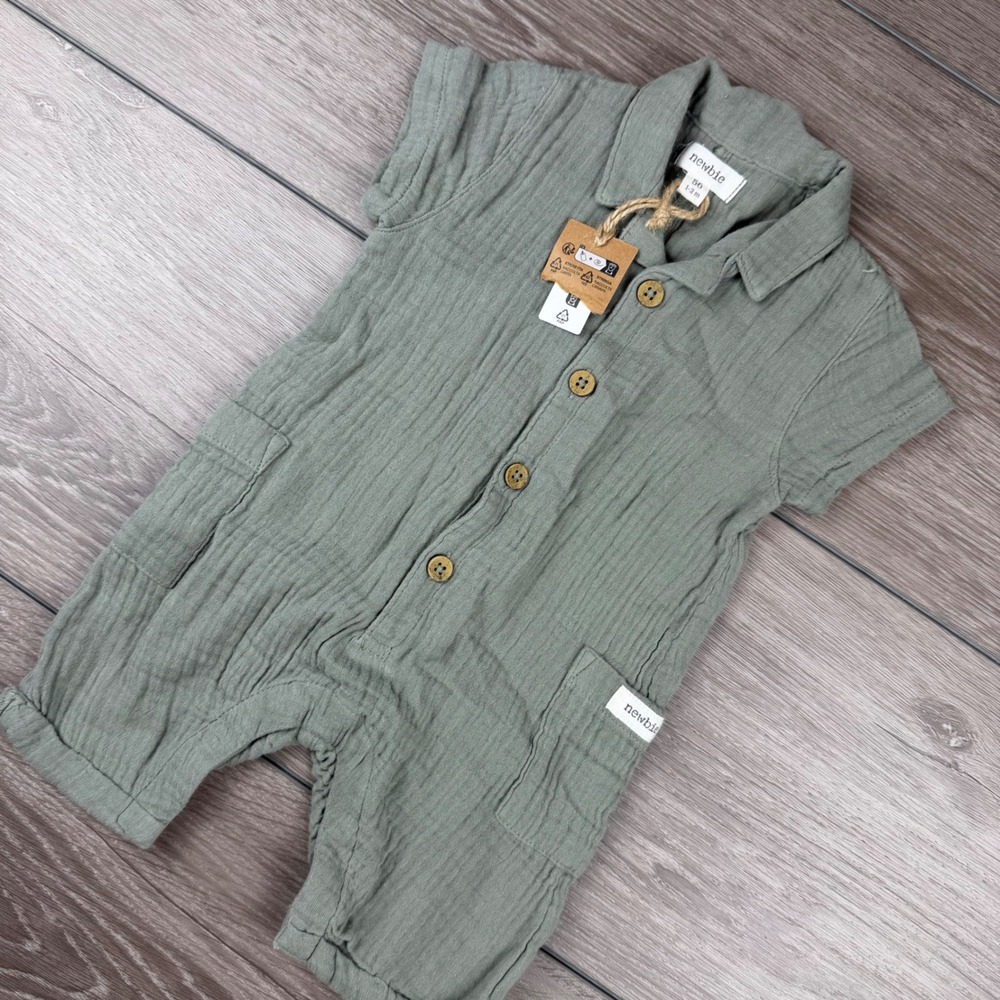 Newbie Baby Boy Romper Muslin Cotton Button Front Green 1-2 M